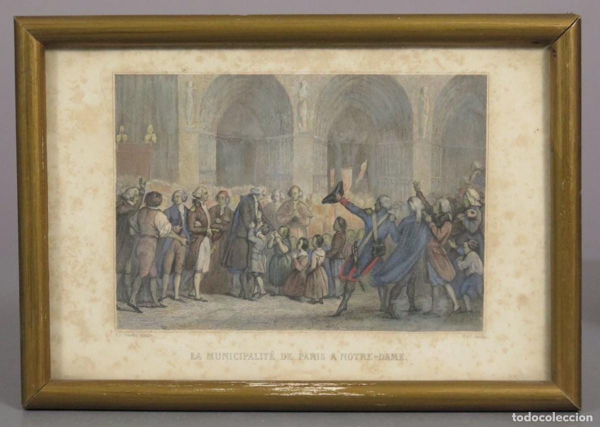 Arte: LA MUNICIPALITE DE PARIS A NOTRE-DAME. LITOGRAFIA COLOREADA A MANO. SIGLO XIX