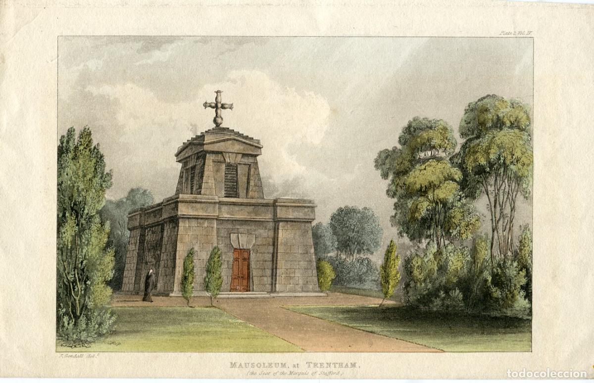Arte: Mausoleo de Trentham - Litograf&iacute;a original coloreada a mano, J. Gendall - 1824