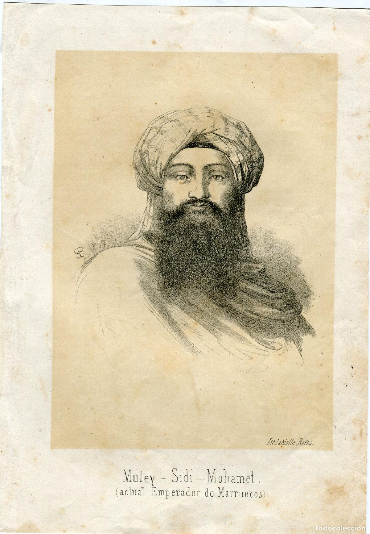 Arte: Muley Sidi Mohamet, emperador de Marruecos - Litograf&iacute;a original s. XIX