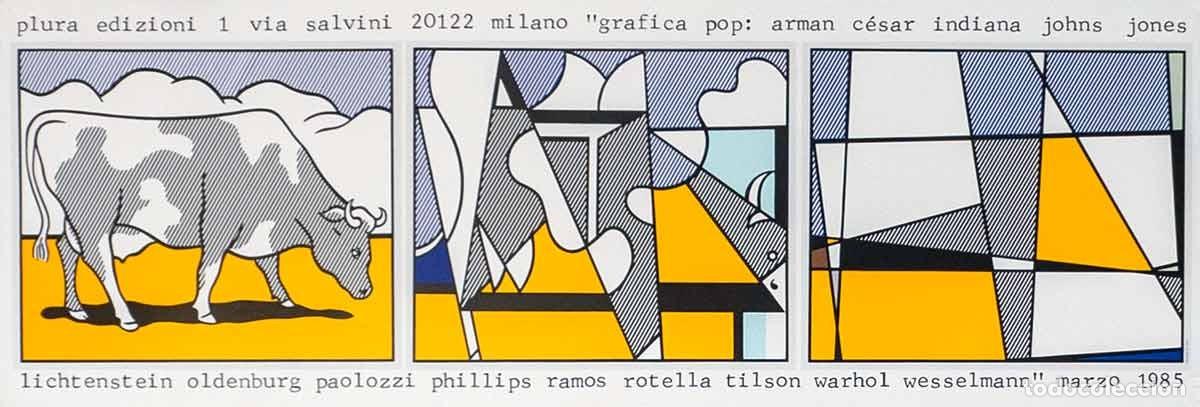 Art: Gr&aacute;fica Pop Cow triptych. 1985. Roy Lichtenstein. Offset Litograph. 34 x 100 cm