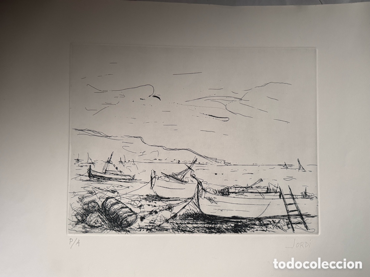 Art: Jordi Mercad&eacute; &ndash; Aguafuerte original &rdquo;Barques a la platja&rdquo; (P/A)