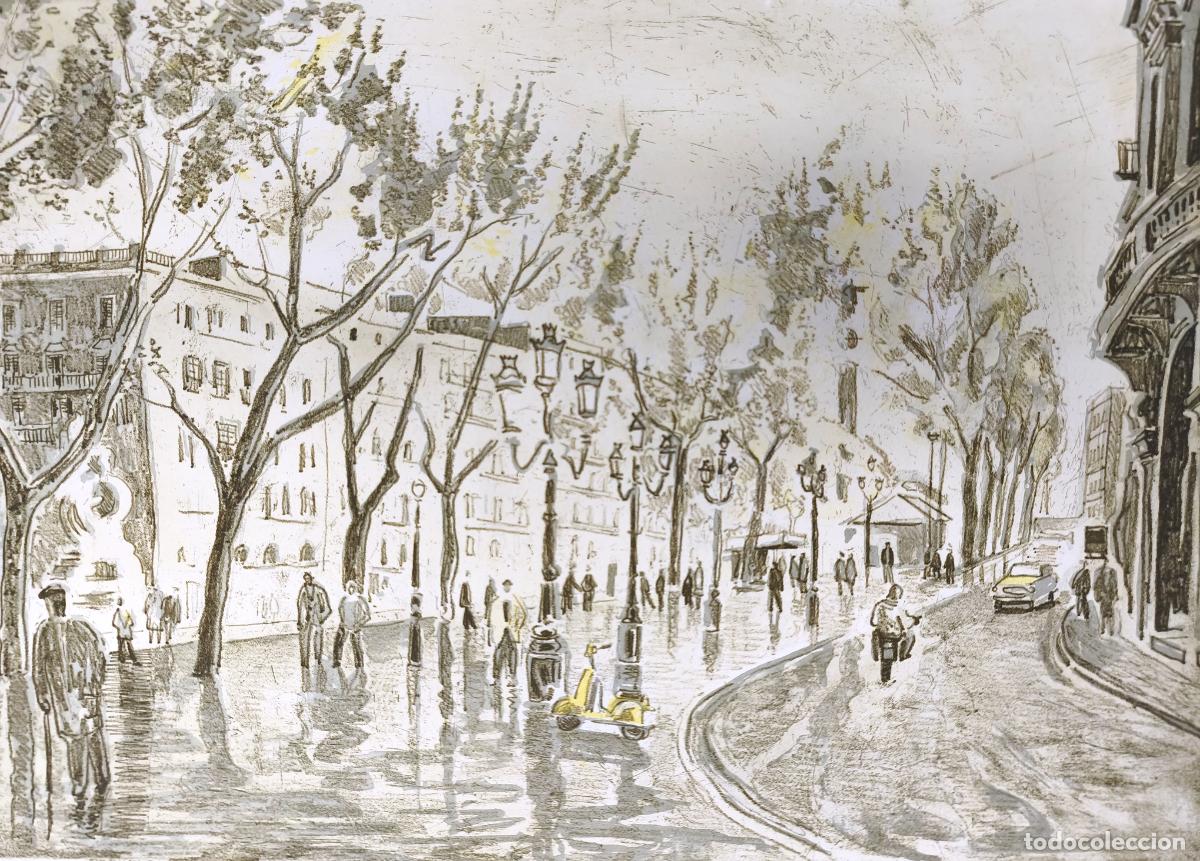 Arte: Litograf&iacute;a - Les Ramblas de Barcelona - Monumento Col&oacute;n - Josep Serra Llimona - Firmada