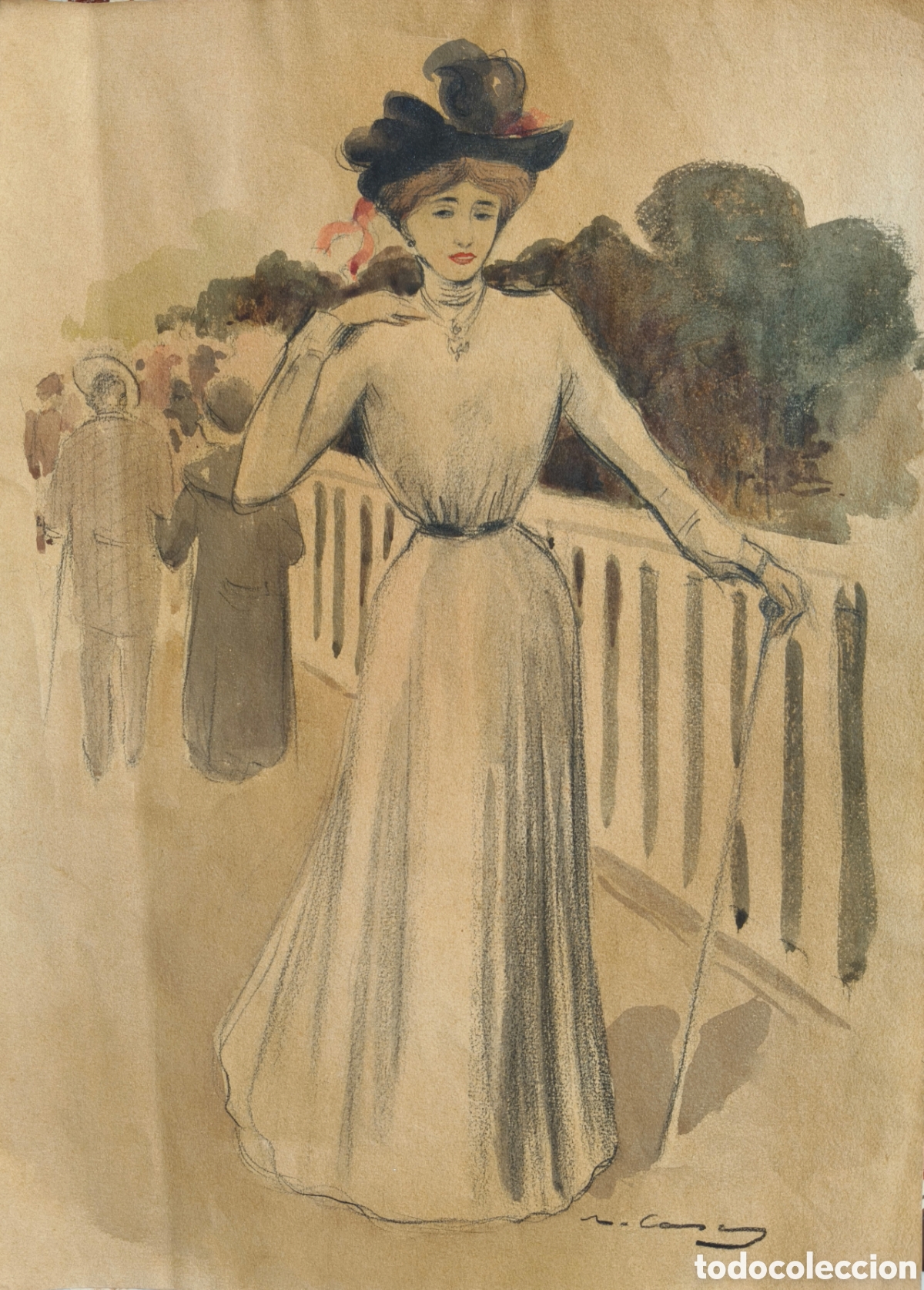 Arte: L&aacute;mina Litogr&aacute;fica Modernista - Dama con Sombrero - Estilo Ram&oacute;n Casas - Papel Verjurado GVARRO - 44