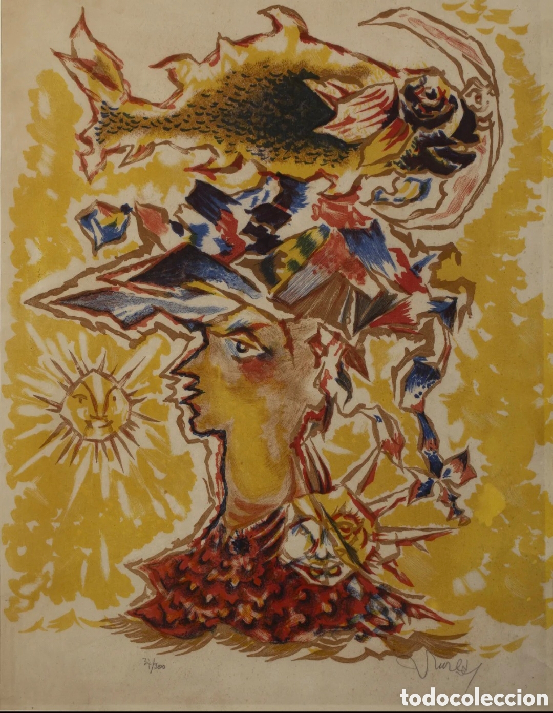 Arte: LURCAT JEAN (1892-1966) HOMME POISSON - Litograf&iacute;a 76x56 - firma y tirada l&aacute;piz ex.37/200 con Marco