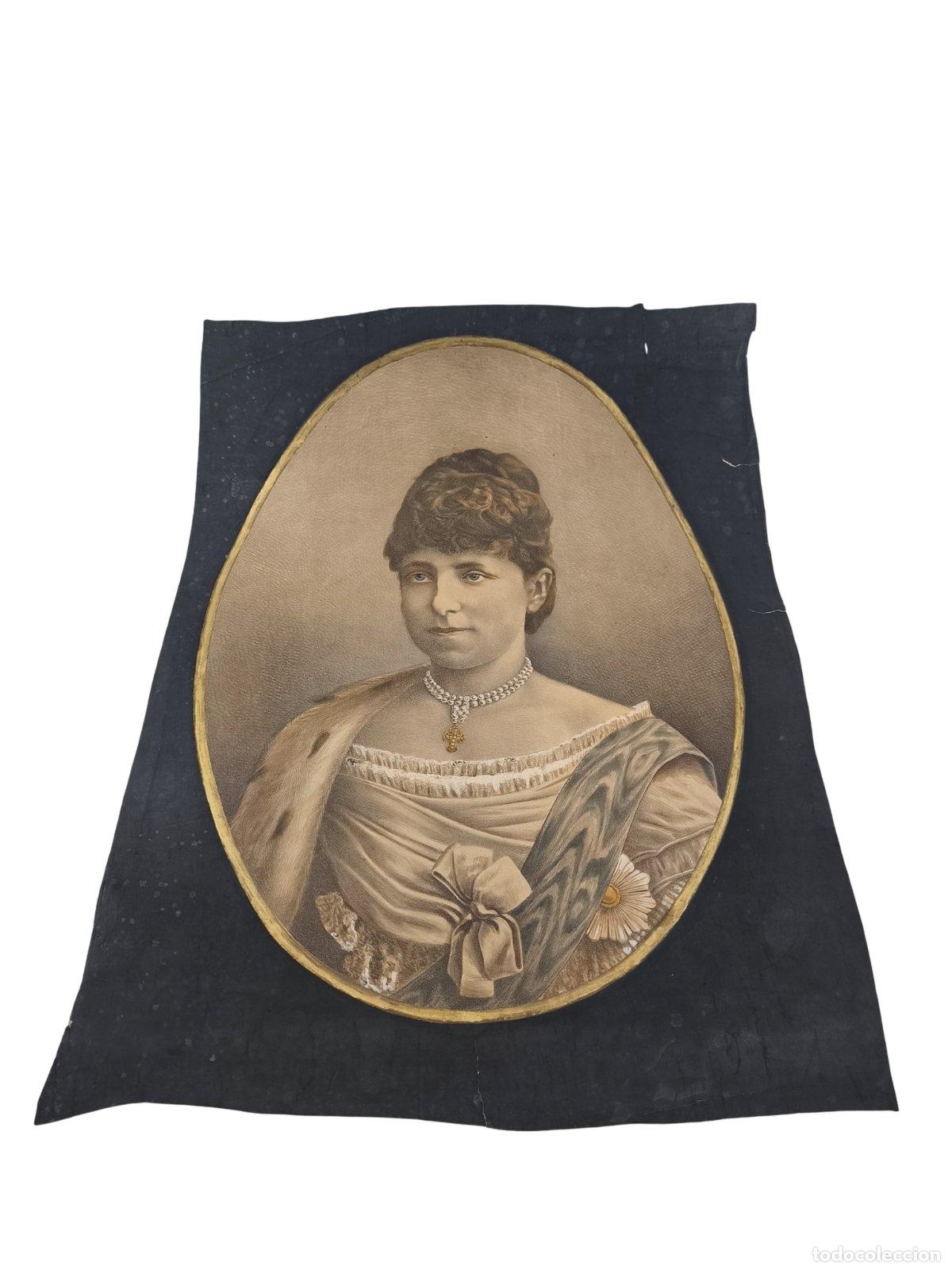 Arte: RETRATO REAL REINA MAR&Iacute;A CRISTINA DE HABSBURGO-LORENA - LITOGRAF&Iacute;A ILUMINADA / FOTORRETRATO C. 1880-