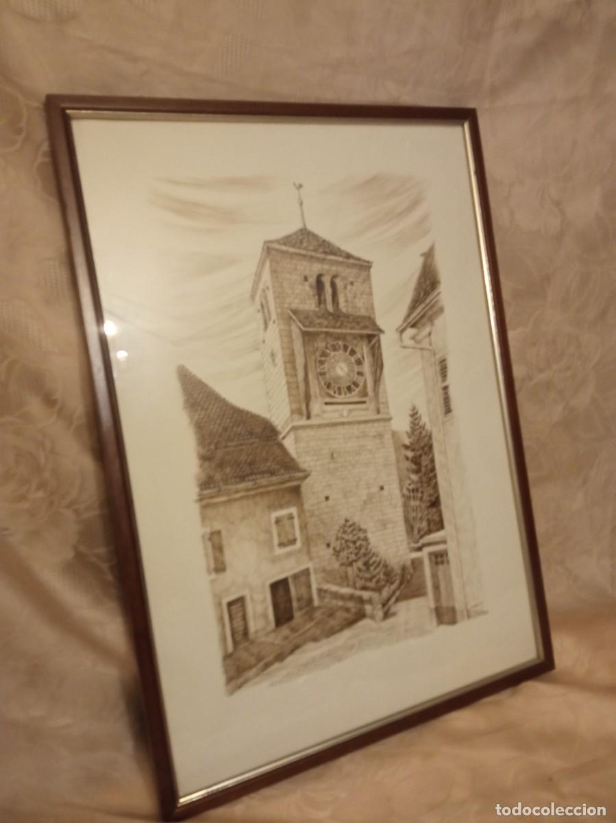 Arte: Antigua litograf&iacute;a de la Torre de las Horas, Olosea, Firmado Aragon
