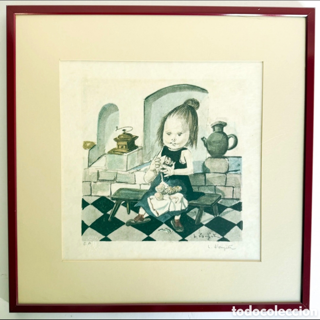 Arte: Tsuguharu Foujita (1886-1968) ni&ntilde;a costurera Litograf&iacute;a en color prueba de artista firmada abajo