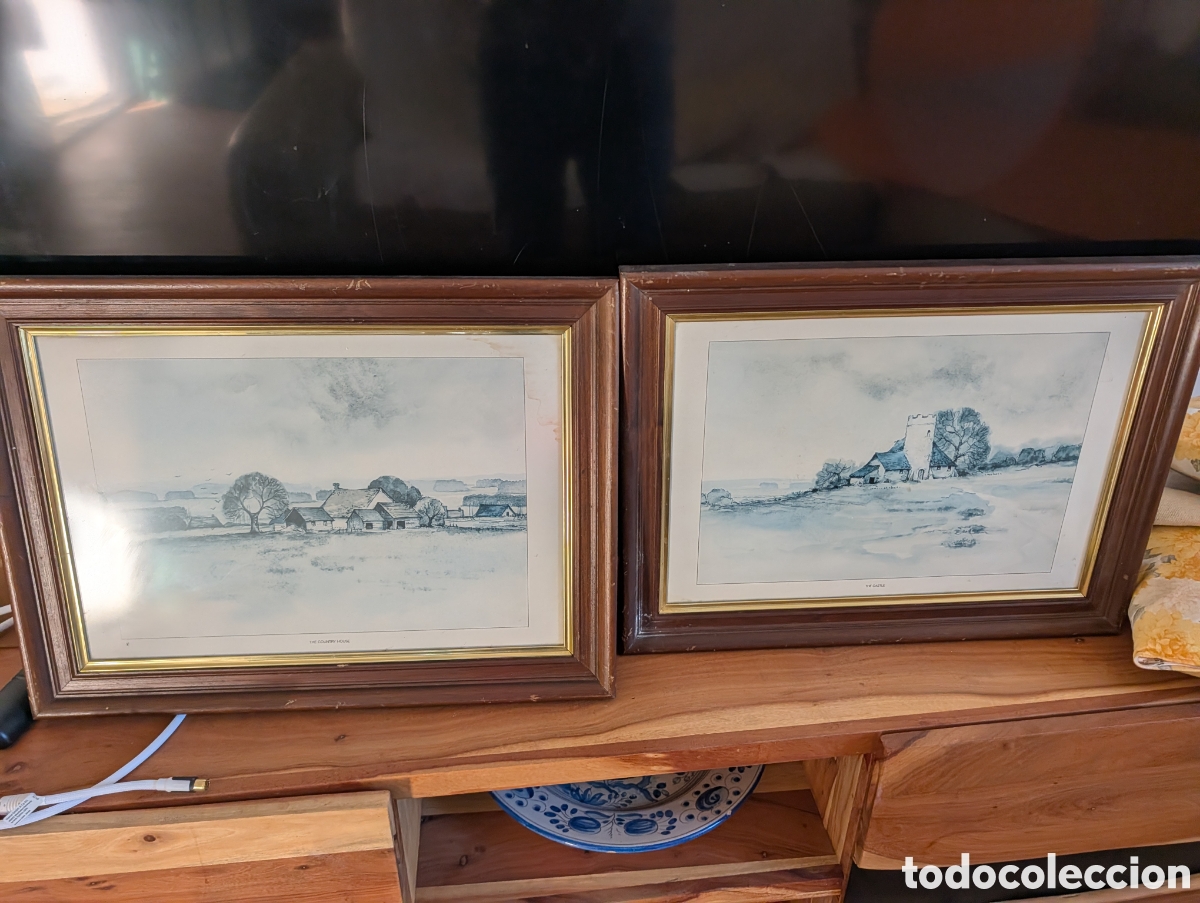 Arte: Pareja de antiguas litograf&iacute;as grabados iluminados Paisaje Ingles The Country House y The Castle