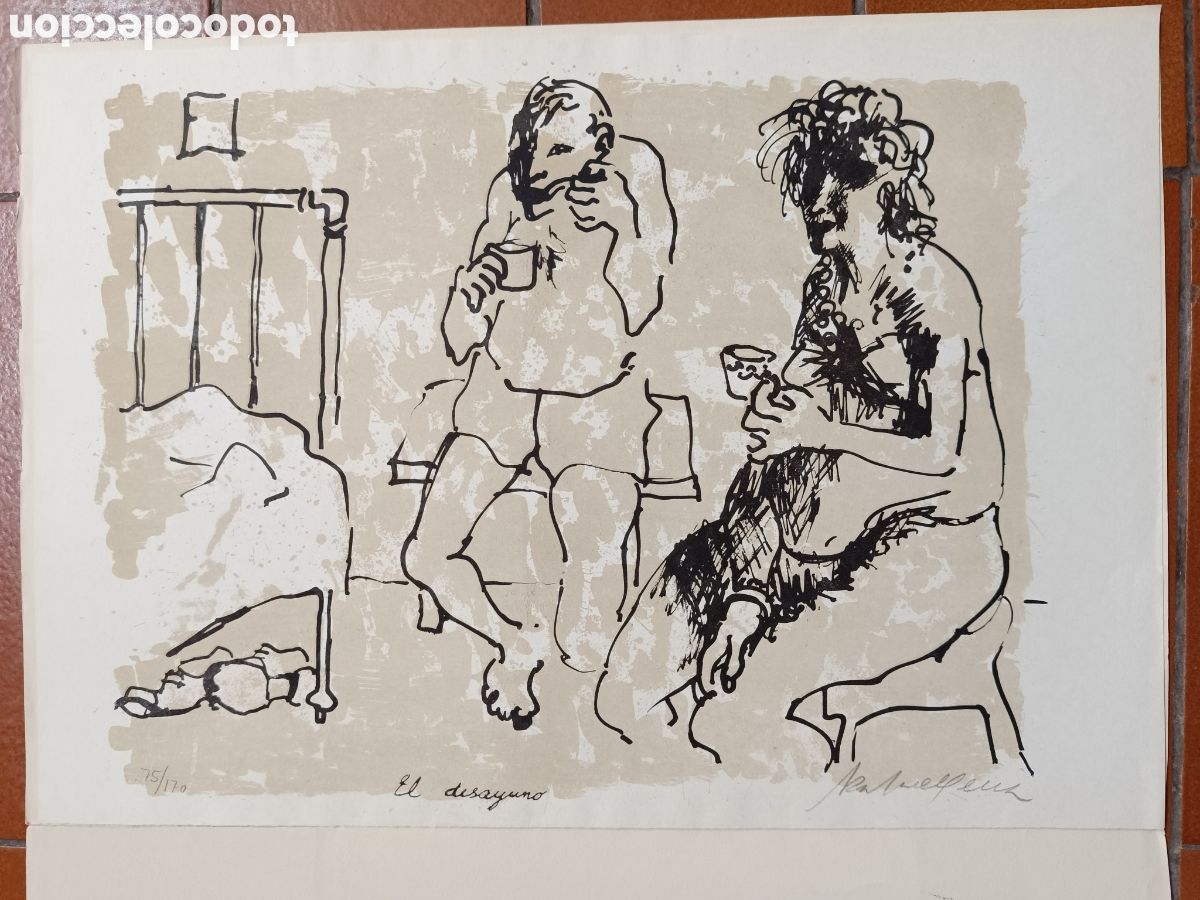 Arte: Grabado El desayuno de Rafael Pena 1961 - Foto 1