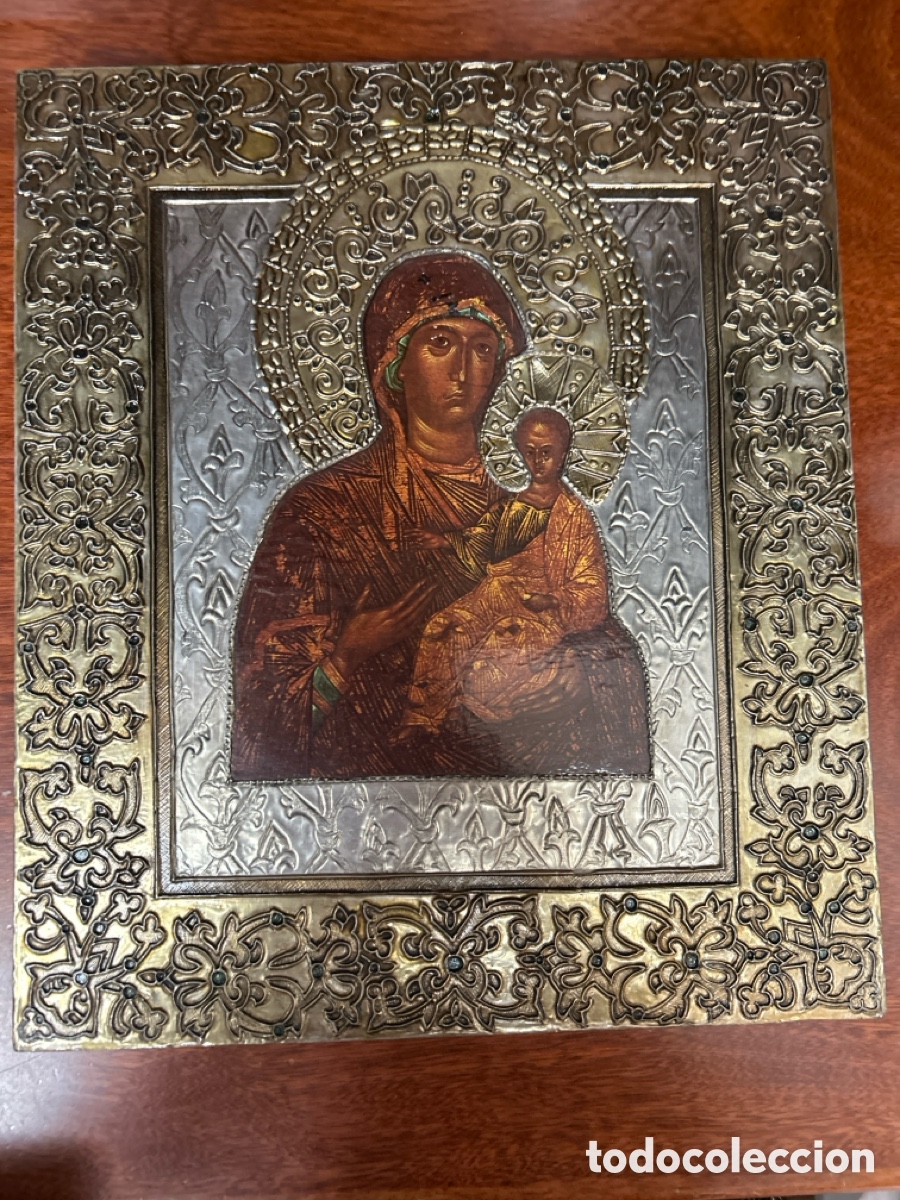 Arte: Cuadro en esta&ntilde;o repujado Virgen con Ni&ntilde;o