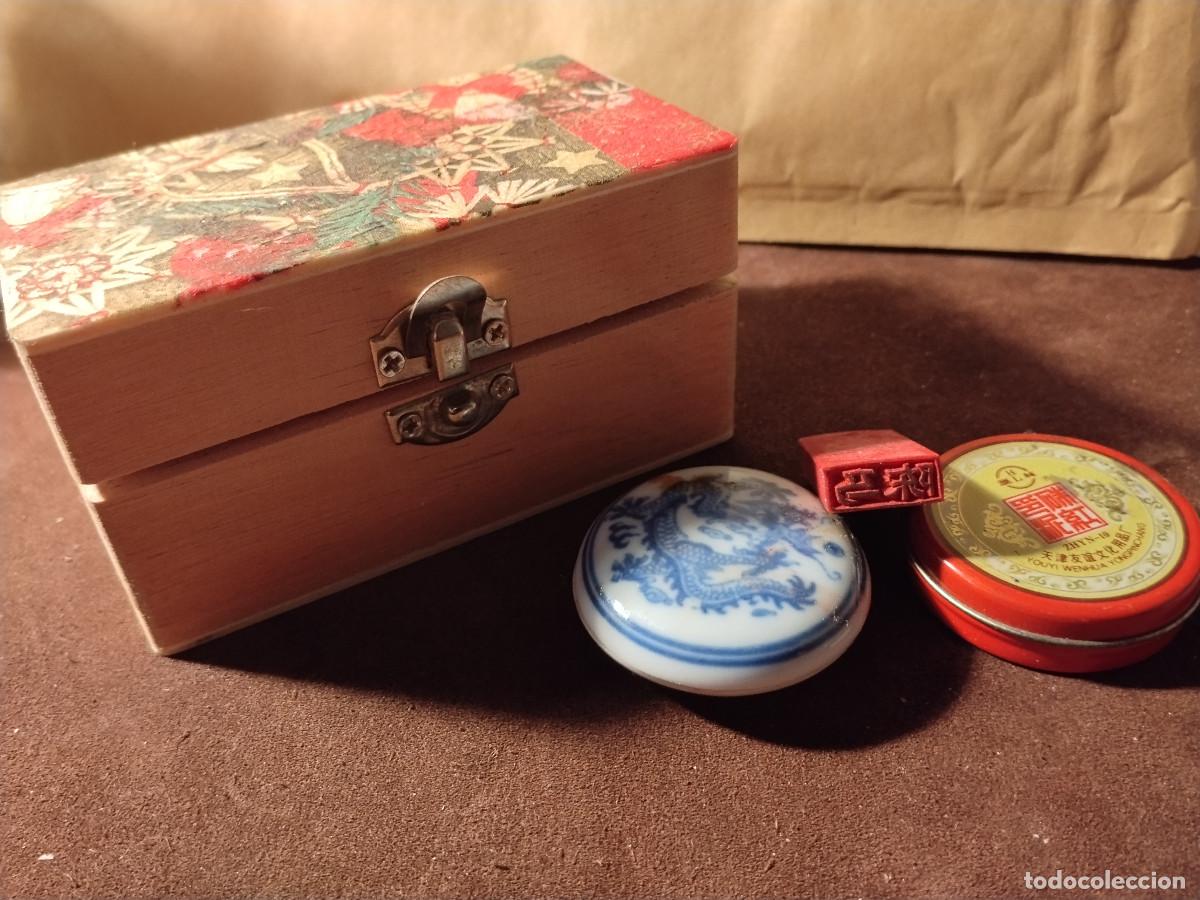 Kunst: Lote sello chino tradicional &ndash; tintero porcelana + tinta roja + sello de goma