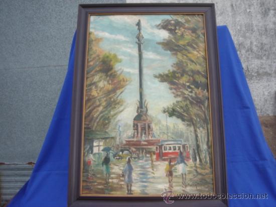 Kunst: &Oacute;LEO SOBRE TABLEX (81X54). PLAZA DE COL&Oacute;N, BARCELONA. FIRMADO. MEDIDAS CON MARCO: 91X64.