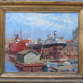 RAFAEL RAMIS, puerto de Barcelona, 1946. Óleo sobre lienzo 58x48 cm. Marco: 76x67 cm.