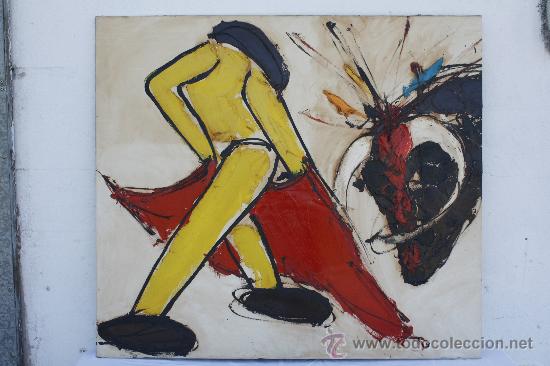 Arte: &Oacute;LEO SOBRE LIENZO DE JOS&Eacute; VILLANUEVA BERRUEZO (L&Eacute;RIDA 1941-2018). TEMA TAURINO. 109.5 X 97.5.