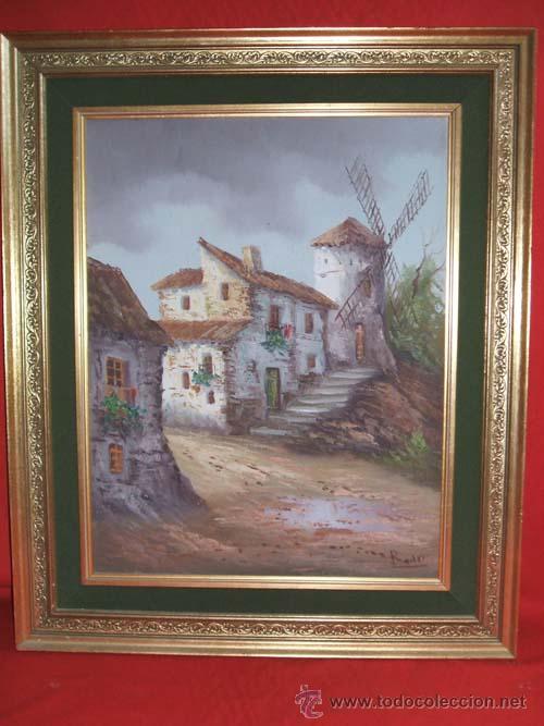 Kunst: Cuadro representando una escena de pueblo con molino, al oleo.
