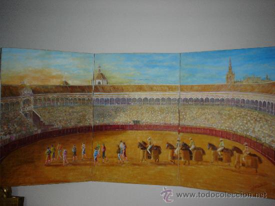 Arte: Maestranza de Sevilla, &Oacute;leo sobre lienzo.Paseillo en tarde de toros. Feria de Abril.