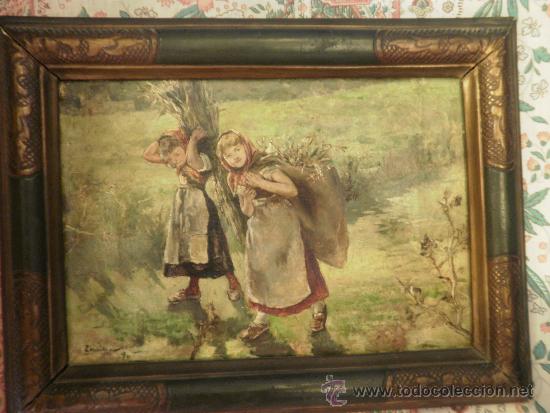 Arte: Cuadro antiguo con escena de dos j&oacute;venes. - Foto 1