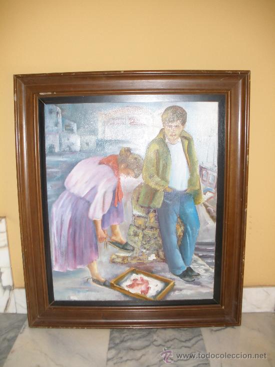 Arte: PRECIOSO CUADRO AL OLEO.ATANDOSE ZAPATILLA EN EL PUERTO.