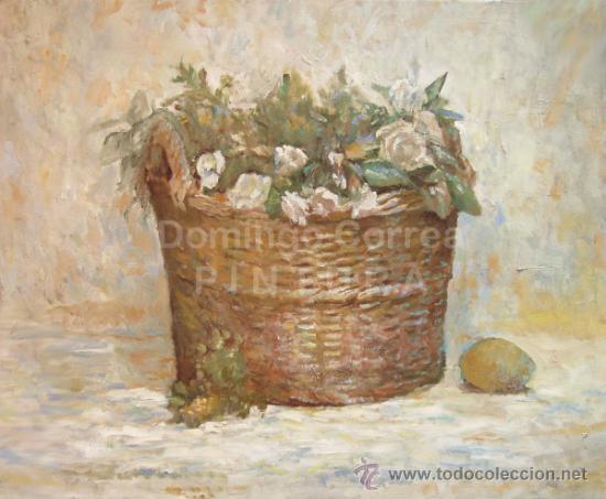 Art: DOMINGO CORREA &Oacute;LEO SOBRE LIENZO 'CANASTO Y ROSAS BLANCAS' PINTURA. FLORES,