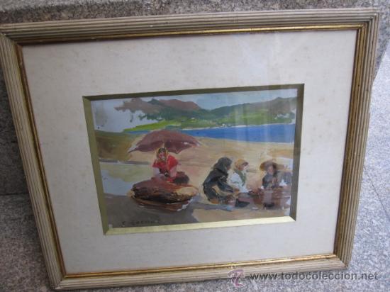 Arte: CARLOS LEZCANO - OLEO SOBRE CARTULINA1894 - VENDEDORAS DE PESCADO EN EL BERBES - FONDO RIA DE VIGO