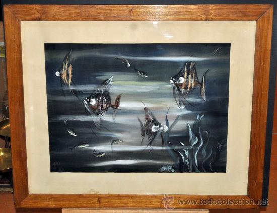 Arte: FIRMADO KARO. ESCUELA CHINA DE LOS AÑOS 50. GOUACHE PINTADO SOBRE TELA TEXTIL. COMPOSICIÓN DE PECES
