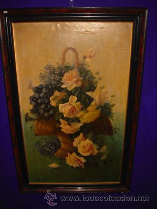 Arte: Lienzo al &oacute;leo, bodegon centro de flores con marco de madera. - Foto 1