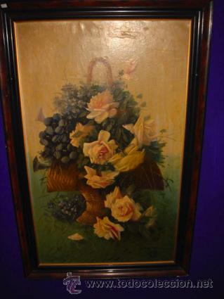 Arte: Lienzo al &oacute;leo, bodegon centro de flores con marco de madera. - Foto 3