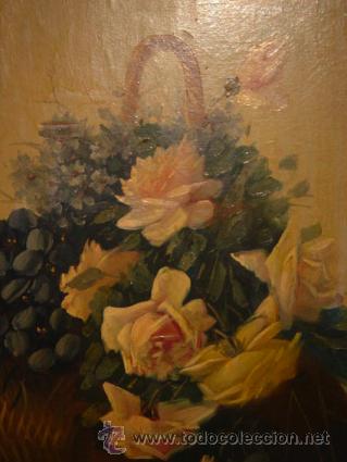 Arte: Lienzo al &oacute;leo, bodegon centro de flores con marco de madera. - Foto 4