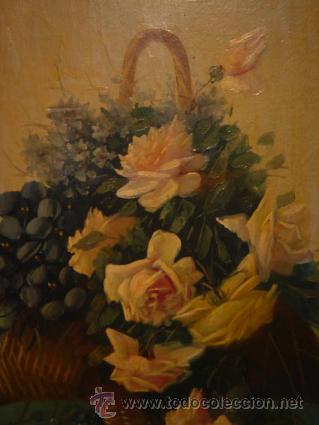 Arte: Lienzo al &oacute;leo, bodegon centro de flores con marco de madera. - Foto 2