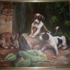 Oleo sobre lienzo de perros y conejo (sin marco)