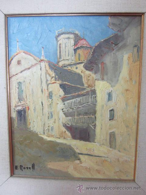 Arte: Fachada de iglesia. E. Rovell. Oleo sobre tabla. Enmarcado. - Foto 2