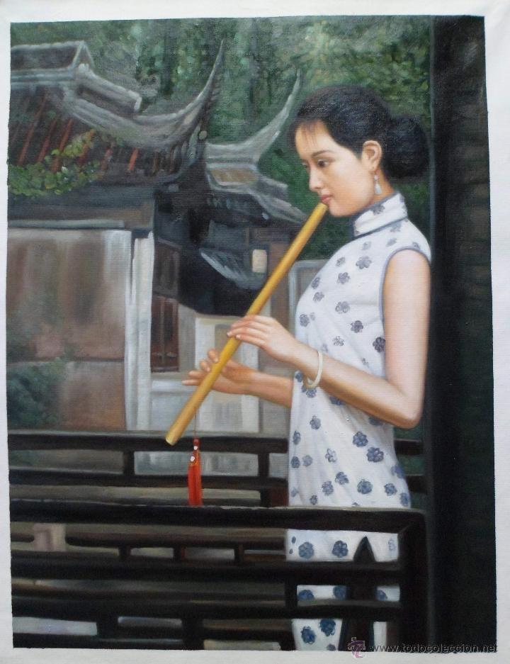 Arte: &Oacute;leo de muchacha china tocando la flauta (60 x 79) - Foto 1