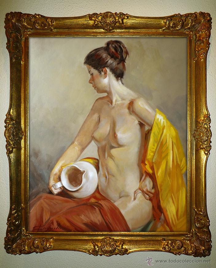 Arte: MAGN&Iacute;FICO DESNUDO FEMENINO AL OLEO, CON MARCO ANTIGUO. GRAN FORMATO.
