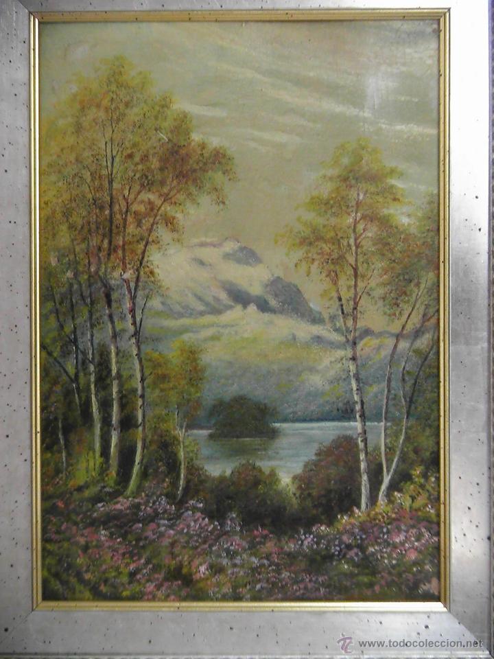 Arte: Paisaje con lago. &Oacute;leo sobre tabla - Foto 2