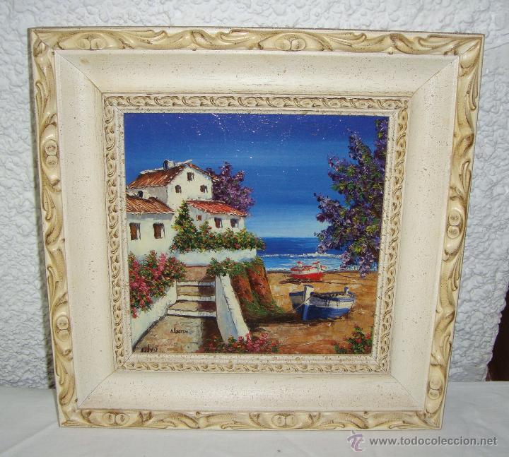 Arte: Pintura al &oacute;leo &middot; Paisaje costero del Algarve (Portugal) &middot; Firmado &middot; Marco moldurado en blanco