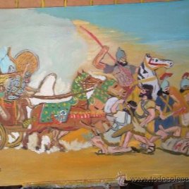 Batalla entre asirios y elamitas. óleo sobre madera 80x60 cm. de Crespo