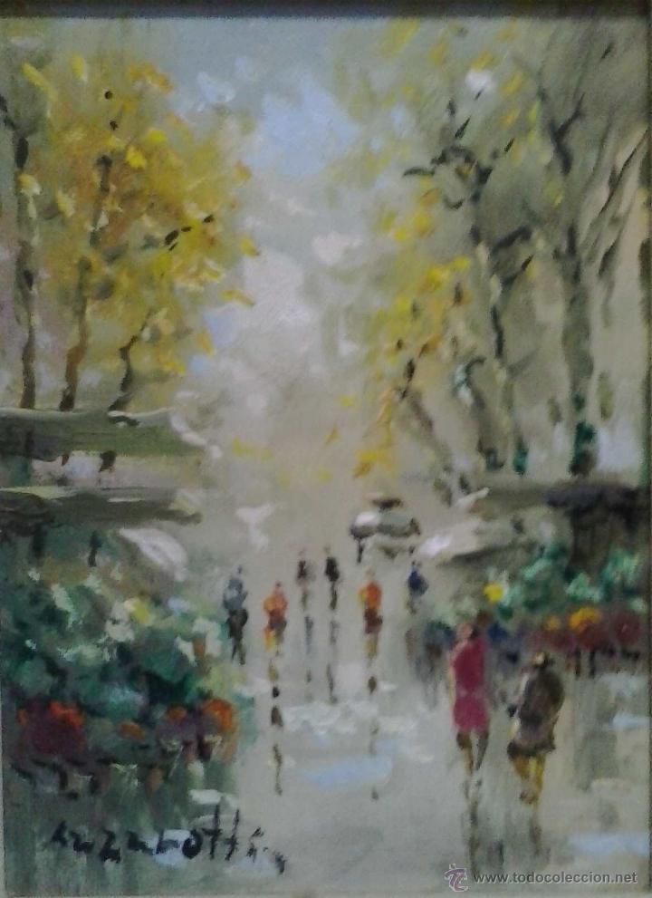 Arte: &Oacute;leo firmado Lazarottin, Ramblas de Barcelona, enmarcado en Tot Art Sabadell