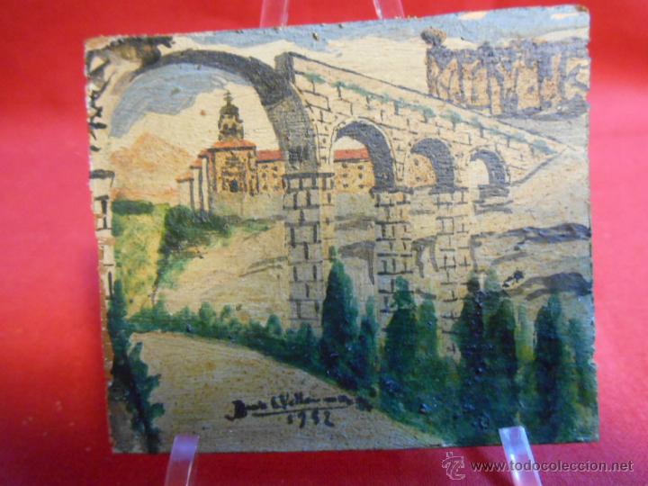 Art: PEQUE&Ntilde;O OLEO SOBRE TABLA -PAISAJE SEGOVIANO-FIRMA ILEGIBLE-PPOS SIGLO XX.
