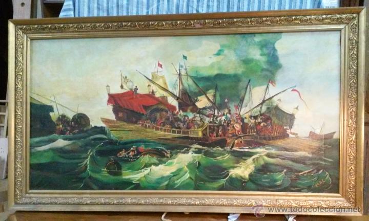 Arte: Magn&iacute;fico oleo en lienzo. Batalla naval. Tiene una peque&ntilde;a rotura. Firma M.A.C 126 x 70 cm