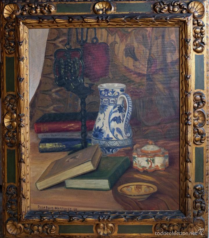 Kunst: Bodeg&oacute;n con jarra y libros. Rosa Ruiz Mart&iacute;nez. &Oacute;leo sobre tela 73x60 cm
