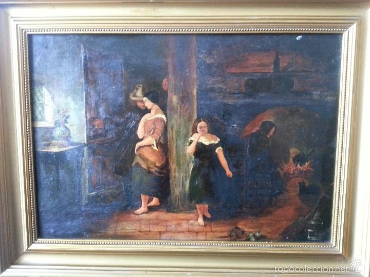 Arte: OLEO SOBRE TABLA ANONIMO ESCENA DE INTERIOR - Foto 2