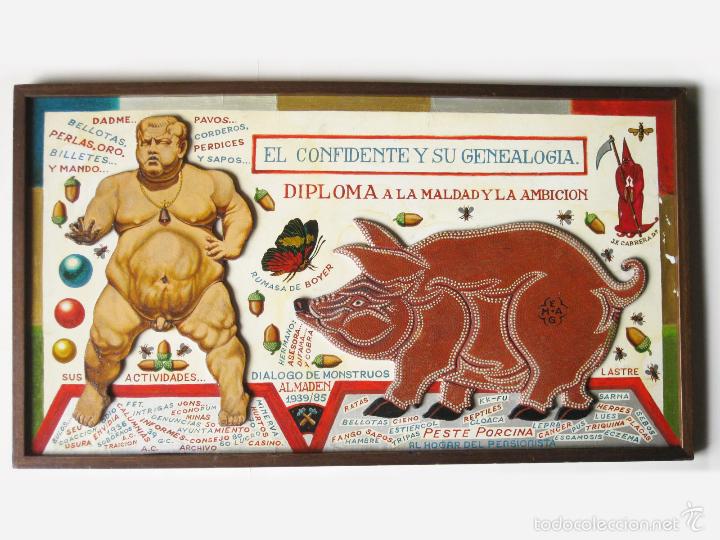 Arte: DIBUJO AL HOGAR DEL PENSIONISTA DE ALMADEN CON ALEGORIAS A LA CORRUPCION POLTICA - J F CABRERA 1985