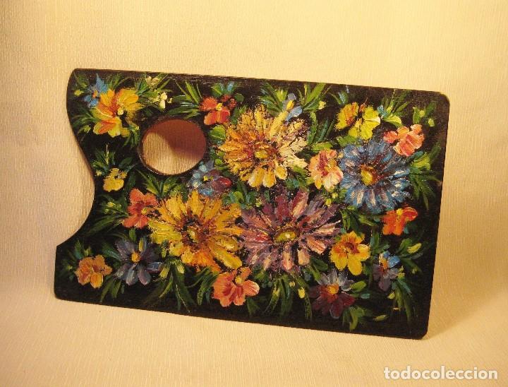 Arte: Paleta rectangular de madera pintada al &oacute;leo. Flores - Foto 2