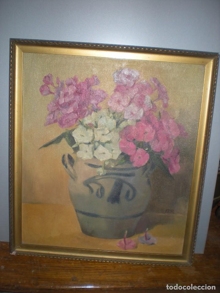 Arte: &Oacute;leo sobre t&aacute;blex con marco, florero - Foto 1