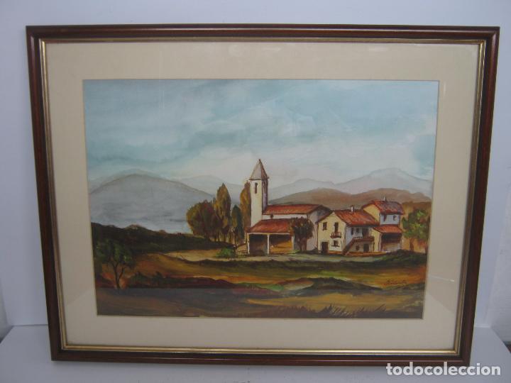 Arte: Bella acuarela paisaje rural pueblo y monta&ntilde;as - firma J.Colombo (Italia 1953)