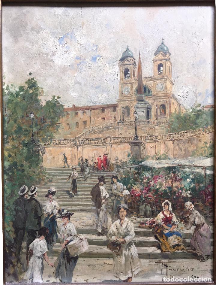 Arte: Andrea Marchisio (1850-1927) Italiano Pintor Óleo tabla Iglesia Roma Trinitá dei Monti (1890)