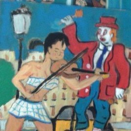 Violinista y payaso en las Ramblas de Barcelona, 40x50, óleo madera, autor Crespo