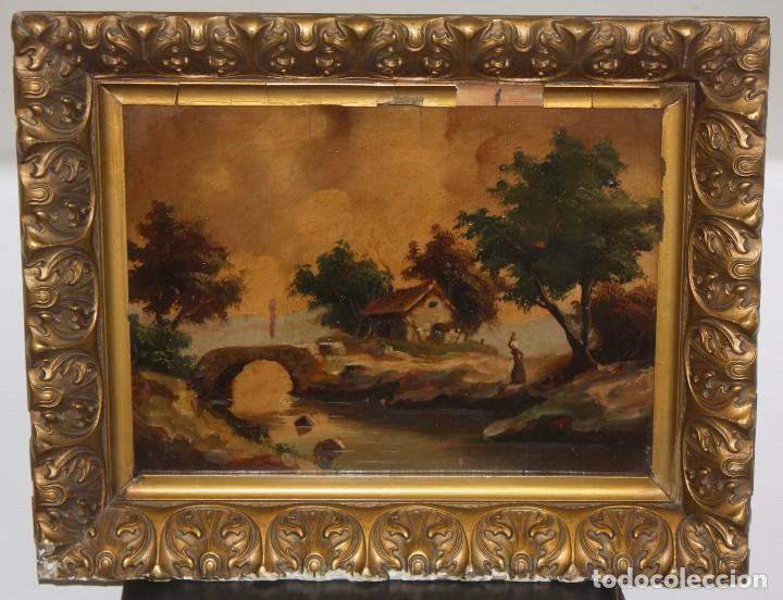 Arte: ESCUELA ESPAÑOLA DE FINALES DEL SIGLO XIX. OLEO SOBRE TABLA. PAISAJE CON FIGURA