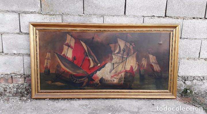 Kunst: Cuadro antiguo gran tama&ntilde;o batalla naval inglesa, pintura antigua firmado Wollner s. XX