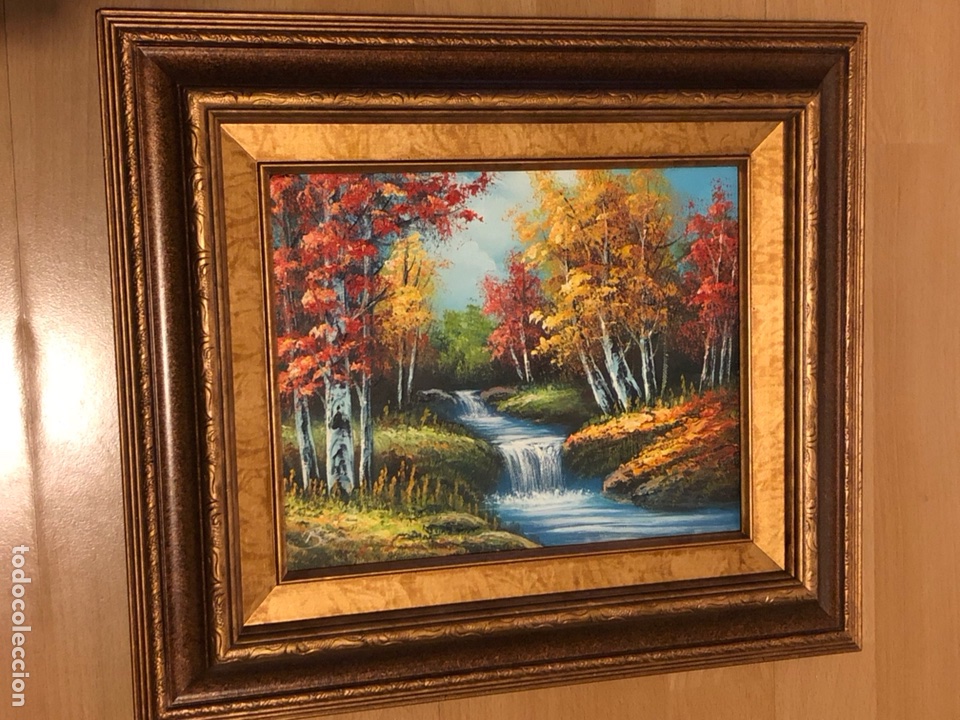 Kunst: &Oacute;leo sobre lienzo paisaje rural cascada.con marco dorado 40 x 34cm